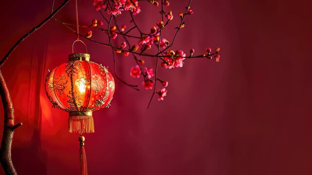 Elegant Lantern: A vibrant red lantern gracefully hangs amidst delicate cherry blossoms against a rich background, evoking a sense of traditional festive celebration.