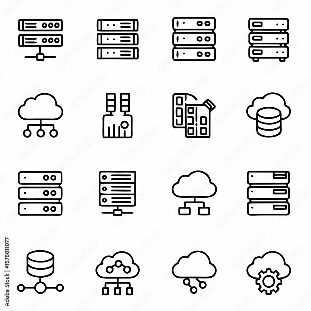 Poster server hosting data center cloud computing network storage database system technology icon set vecto