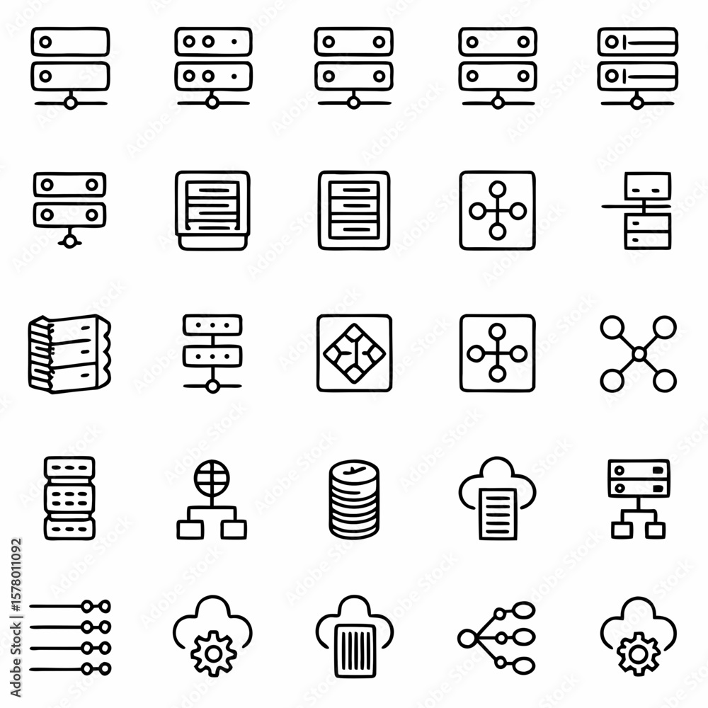 Poster data center server network cloud computing and database line icons for technology and business solut