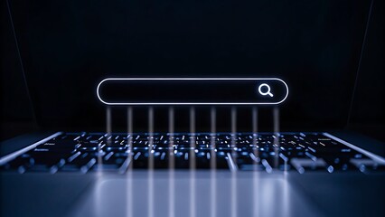 Illuminated search bar hovering above a laptop keyboard in a dark environment