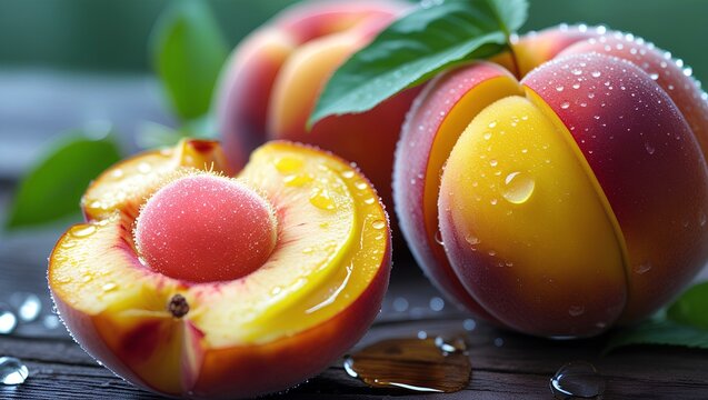 a fresh ripe peaches on a rustic wooden surface