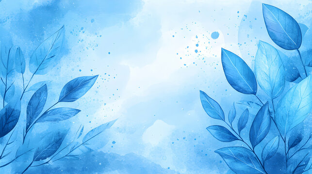 Blue watercolor background with leaves