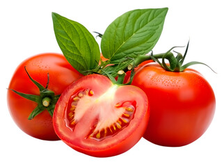 Fresh ripe tomatoes with green leaves isolated on transparent background