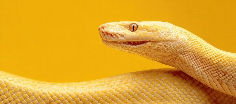 Yellow python curled on a yellow background with copy space, top view. Close-up highlights snake’s texture and vibrant color, suitable for banner or poster design.