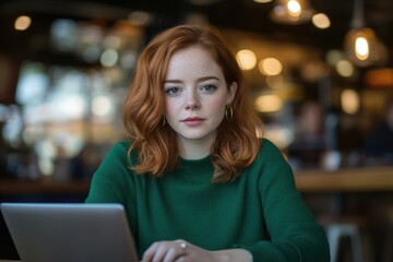 Obraz premium A young redhead woman with freckles, wearing a green sweater, sits at a cafe, working on a laptop.