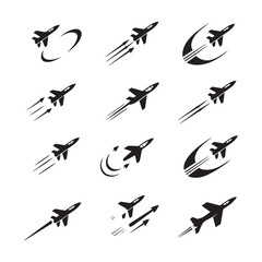 Fighter Jet Icon Set Black and White Aircraft with Missiles and Unique Designs