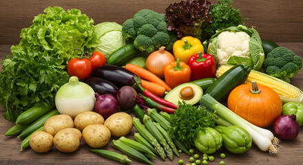 Fresh organic vegetables including potatoes, pumpkins, peppers, zucchini, cauliflower, broccoli, onions, carrots, corn, celery, and leafy greens, arranged on a wooden surface.