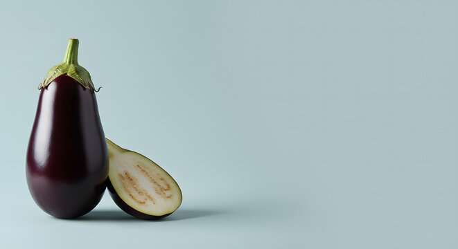Fresh eggplant with one half sliced, set against a light pastel background, highlighting its glossy skin and creamy interior, perfect for healthy cooking and vegetarian dishes.