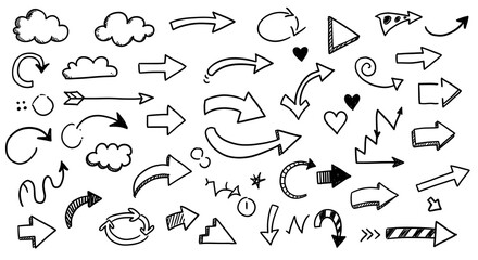 Collection of hand-drawn black arrows, speech bubbles, and symbols on white background, sketch style, creative icons, directional signs, doodles, design elements.