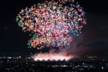 長岡まつり大花火大会。日本の夏祭りの花火。彩色千輪菊