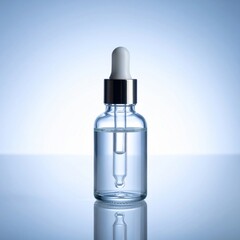 Clear Glass Serum Bottle with Dropper and Silver Cap on Light Blue Background