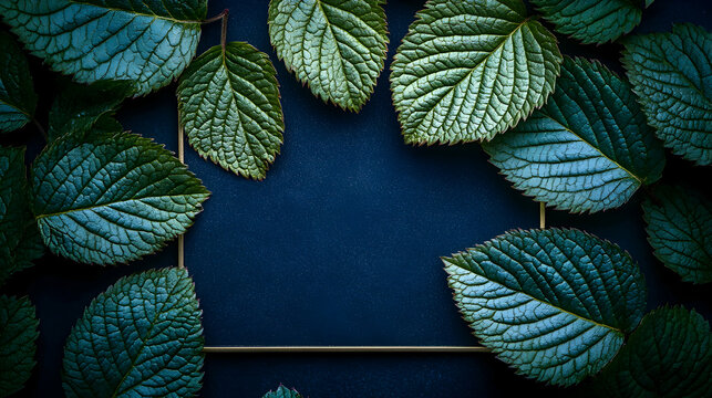 Green leaves arranged around a dark blue background. - Powered by Adobe