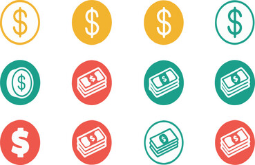 Colorful icons representing money dollars coins and cash stacks for financial concepts