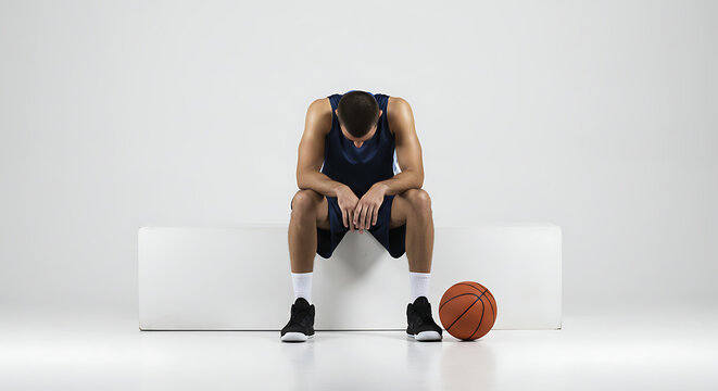 The Weight of Defeat: A lone basketball player sits dejectedly after a hard-fought game, clutching a basketball, showcasing a moment of raw emotion.