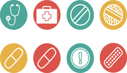 Colorful medical icons representing healthcare tools and pharmaceutical pills for diverse concepts