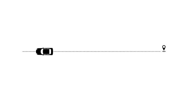 Car route animation showing a car moving along a straight dashed line, right to left and left to right on white background. 4K animated for motion graphics, travel, delivery, and map route.