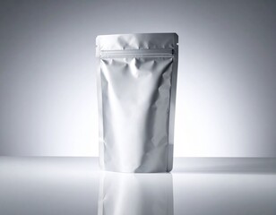 Close Up of a Blank Silver Foil Pouch Stand Up With Zipper in White Background