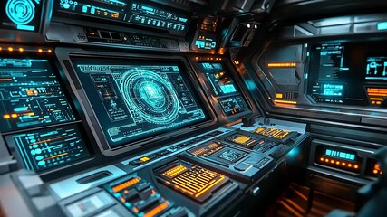 Futuristic Cockpit Interior with Complex Interfaces and Glowing Displays in Detail - Powered by Adobe