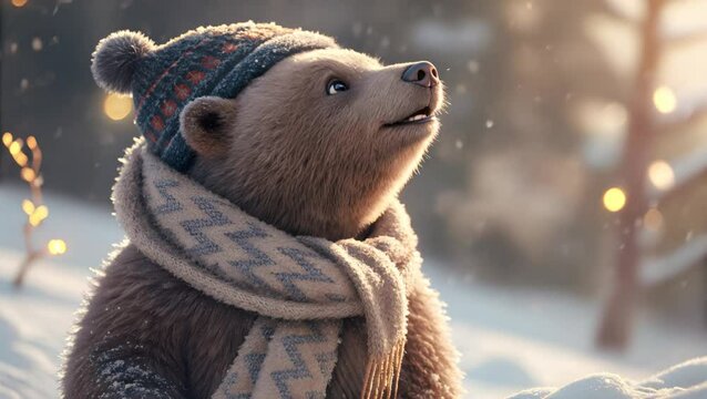 Cute winter bear in knitted hat and scarf sniffs the frosty air curiously, soft snowfall drifts through the serene snowy forest. Magical fairy-tale atmosphere, motion animated footage