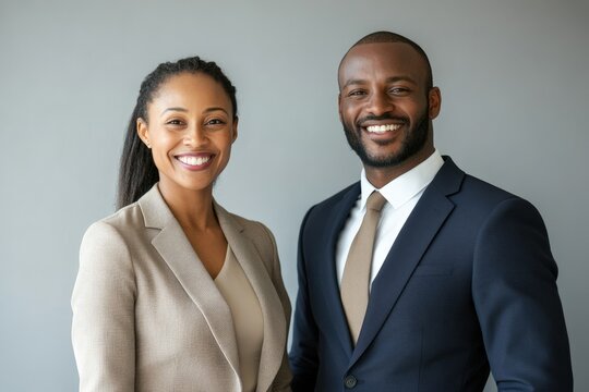 A smiling African American man and woman in business attire stand side-by-side against a gray background.