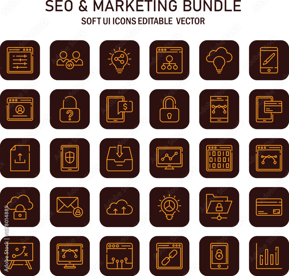 Poster sophisticated digital marketing icon bundle for business strategy and optimization presentation with