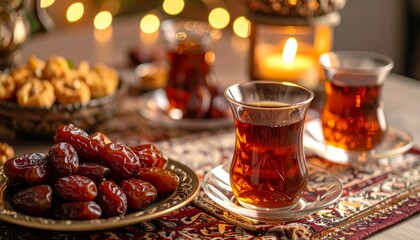 Ramadan Iftar Still Life with Tea Dates Cookies and Candlelight Decoration