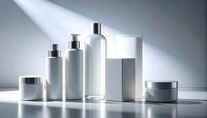 Fototapeta premium Assortment of White Cosmetic Products in an Indoor Setting with Light and Shadow