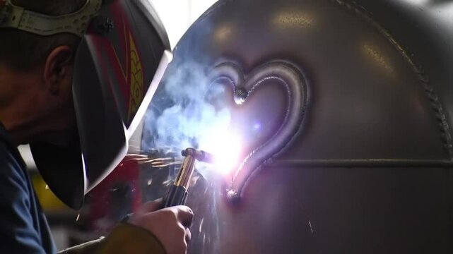 Welder shaping metal heart with sparks flying in industrial setting

