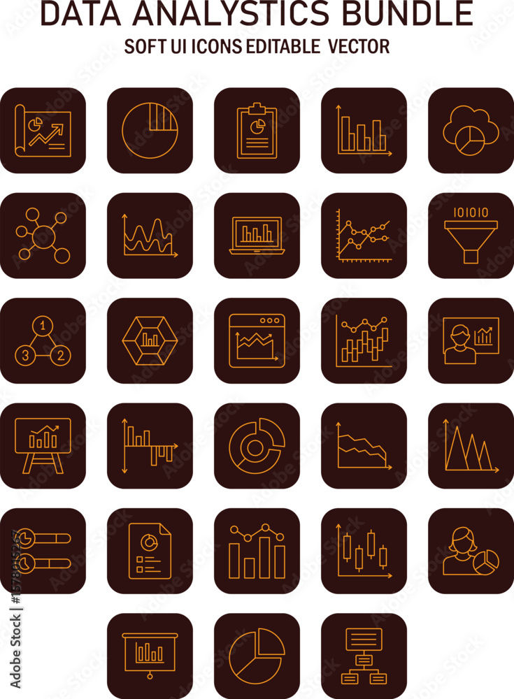 Poster collection of brown-themed data analytics icons representing various visualization and reporting too
