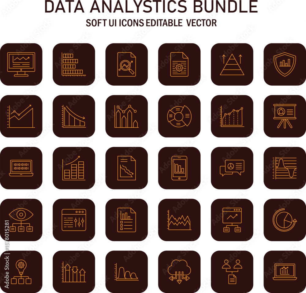 Poster sophisticated data analysis icon set representing analytical tools and business intelligence for mod