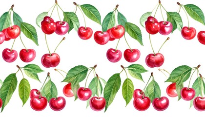 Watercolor cherries and leaves border