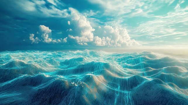 AI dreamscape of drifting code clouds over surreal land