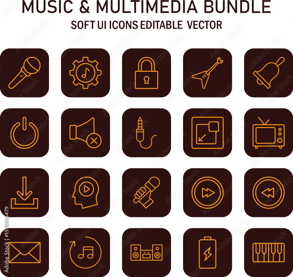 Poster collection of minimal vector icons related to music and multimedia content creation and playback in 