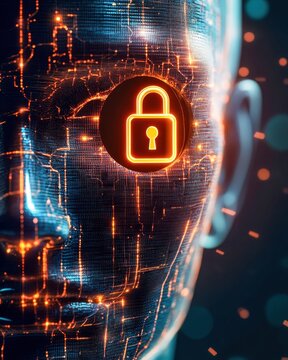 AI face with half covered by lock icon representing secure artificial intelligence