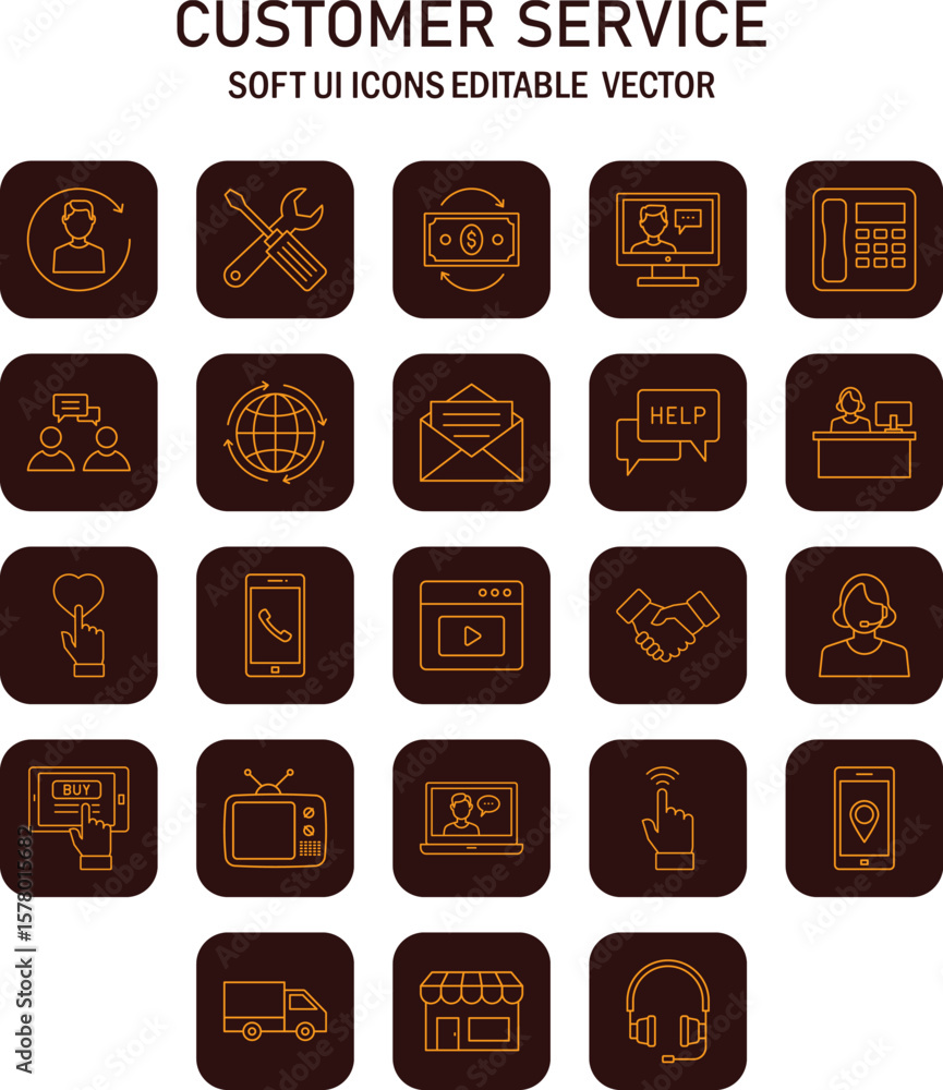 Poster collection of customer service ui icons representing support and assistance for digital platforms wi