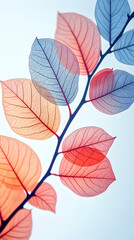 Obraz premium A branch with several translucent leaves in shades of red, pink, and blue against a white background.