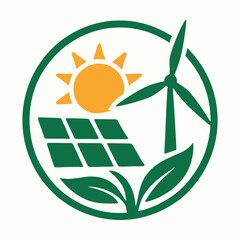 Green energy logo with sun, windmill and leaves.