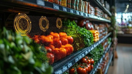 Produce shelf with digital overlay showing nutritional info - Powered by Adobe