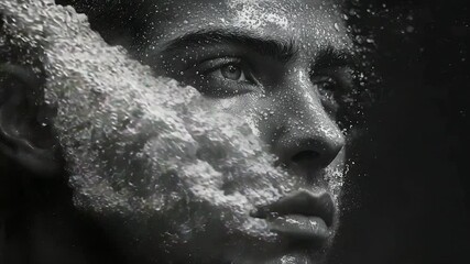 Monochromatic close-up of a face partially obscured by textured foam, evoking a sense of mystery and depth - Powered by Adobe