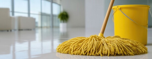 Yellow chenille dusting mop cleaning a white floor in a modern office, close-up shot highlighting cleaning tools and workplace hygiene.