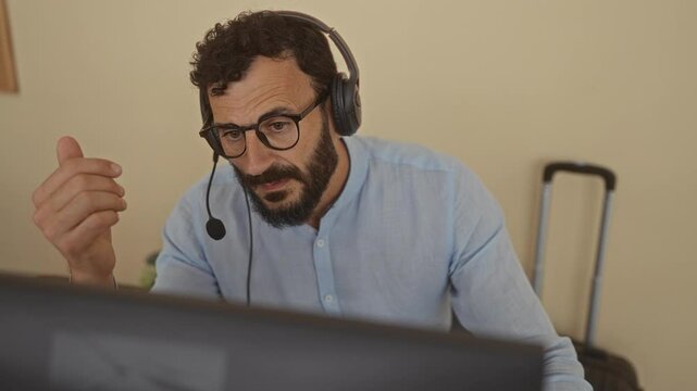 Man with headset in office looking stressed at computer while holding head in frustration suggesting work challenges and intense focus on task highlighting office pressure.