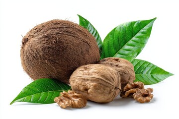 Coconuts and walnuts with green leaves arranged on a clean white background, showcasing natural textures and contrasting colors.
