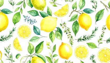 Watercolor lemon and herb pattern on white background (1)