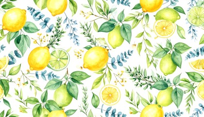 Obraz premium Watercolor pattern of lemons, limes, and herbs on white background