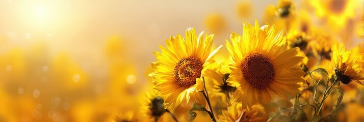 A vibrant sunflower field bathed in sunlight, showcasing golden yellow blooms with bokeh effects. Perfect backdrop for summer-themed designs and seasonal promotions.