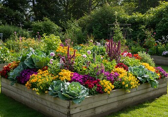 Fototapeta premium Vibrant Raised Garden Bed A Colorful Display of Flowers and Vegetables