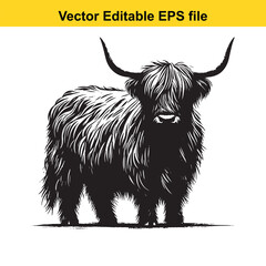 Whimsical Ink Wash Art of Highland Cattle &ndash; Shaggy Hair and Long Horns with Textured Fur Detail