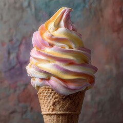 Delicious soft ice cream in a cone, featuring vibrant pink and yellow swirls, set against a rustic background, inviting a sweet treat experience.