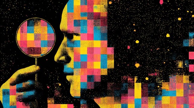 Person examining pixelated face