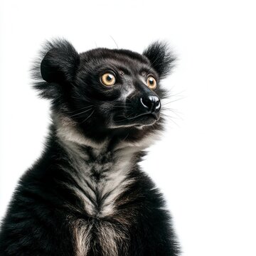 Alert Indri lemur with distinctive black and white fur looking upward against clean white background, wildlife conservation photography with free copy space
